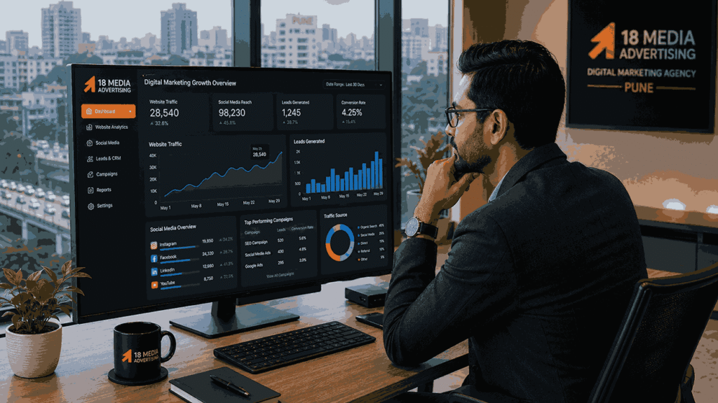 Best digital marketing Pune office showing a business owner reviewing website traffic, social media growth, and lead generation analytics on a large monitor.