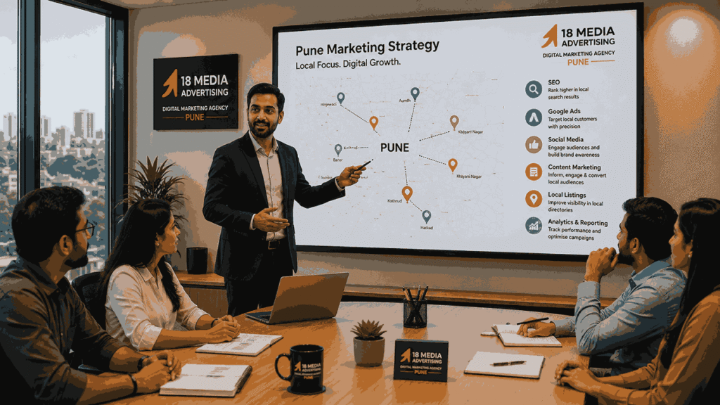Best digital marketing Pune strategy meeting with a consultant presenting local marketing plans and digital channel growth strategies to a business team.