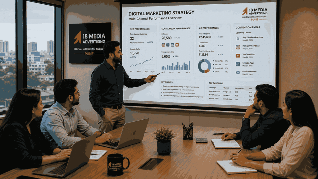 Best digital marketing Pune strategy session with professionals reviewing SEO rankings, social media analytics, ad performance, and content marketing plans.