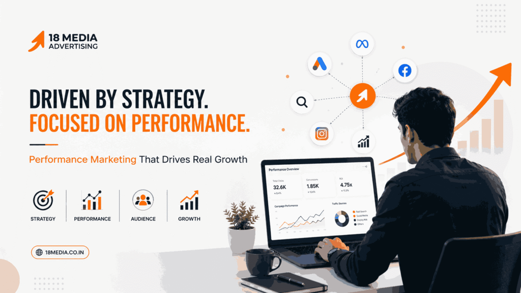 Minimalistic cover image of a professional working on performance marketing analytics on a laptop for 18 Media Advertising, a leading digital marketing agency in Pune.