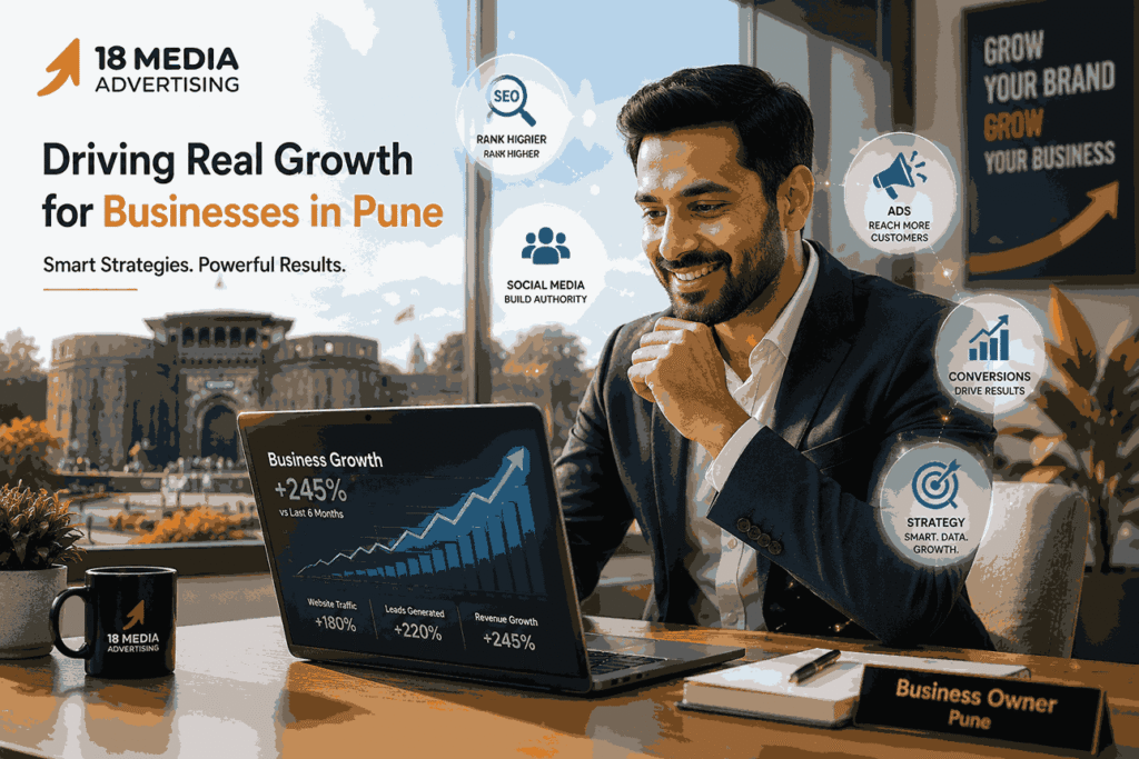 Confident Pune business owner viewing rising business growth graph on laptop with SEO, social media, and digital advertising icons around in a modern office.