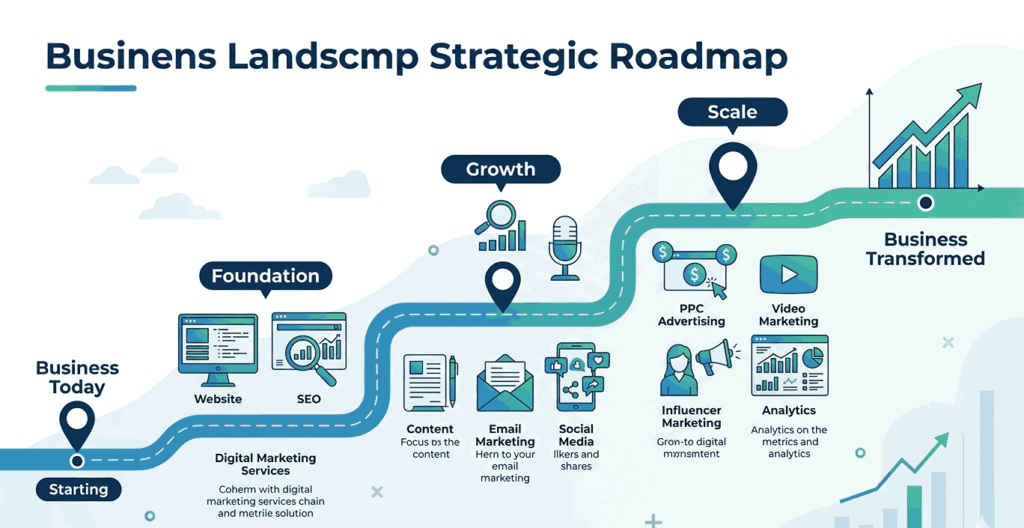 An illustrated infographic depicting a business growth roadmap from left to right, showing 'Foundation', 'Growth', and 'Scale' phases with associated digital marketing service icons, concluding at 'Business Transformed' with an upward revenue graph, in blue and green gradient tones.