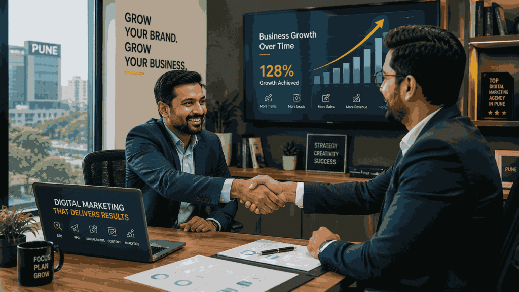 An Indian business owner shaking hands with a digital marketing consultant in a modern Pune office with growth charts, analytics dashboard, and laptop visible in the background.