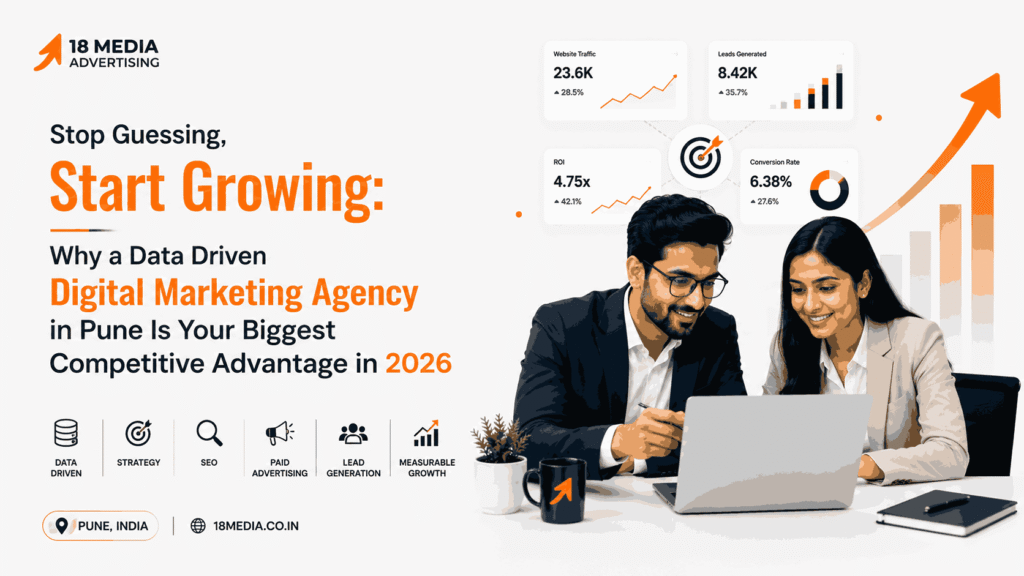 Minimalistic digital marketing cover image featuring two professionals analysing performance marketing data and growth analytics on a laptop in Pune.