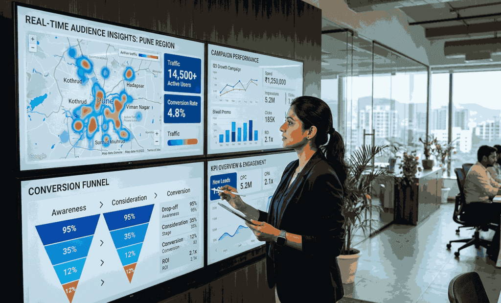 Data driven digital marketing agency in Pune professional reviewing real-time audience heatmaps and conversion funnel analytics on office display screens.