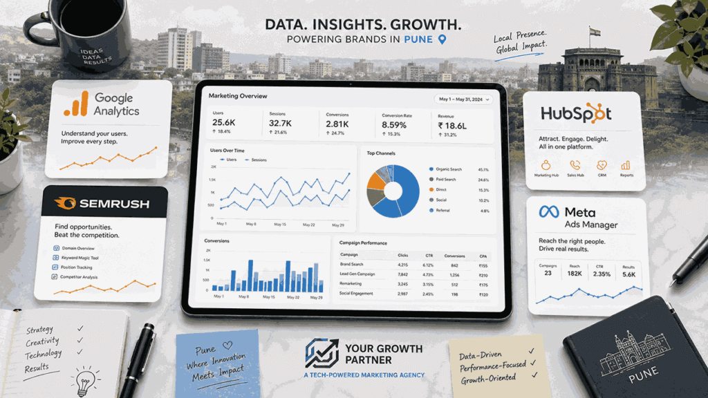data driven digital marketing agency in pune using Google Analytics, SEMrush, HubSpot and Meta Ads Manager tools with analytics dashboard illustration