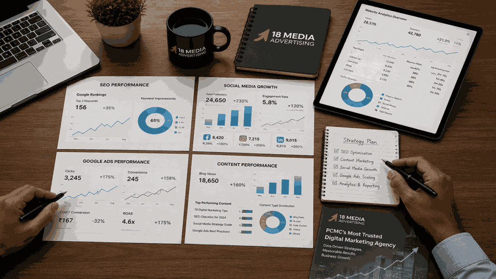 Flat lay of SEO reports, social media analytics, and Google Ads performance data from a digital marketing agency in Pimpri Chinchwad workspace