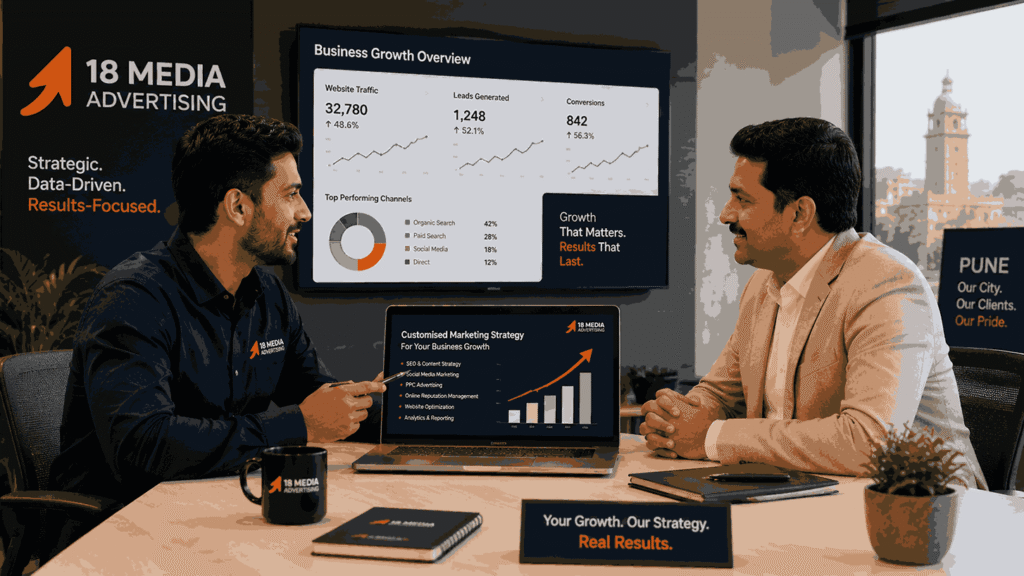 Digital Marketing Agency in Pune consultant presenting a customised marketing strategy to a business owner in a professional office meeting.