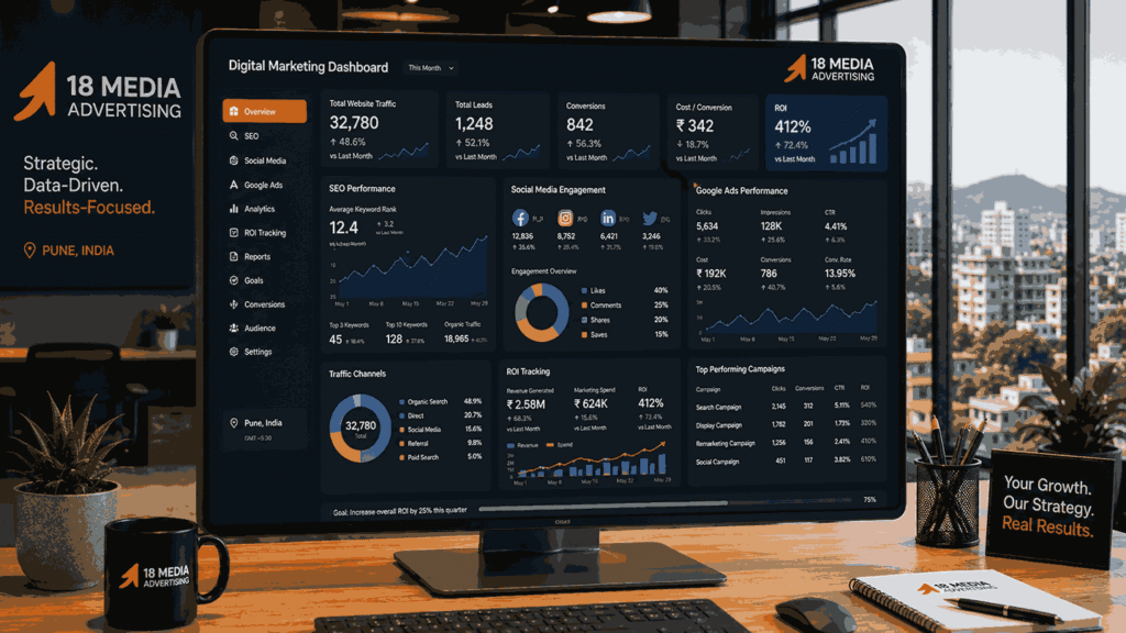Digital Marketing Agency in Pune dashboard showing SEO rankings, Google Ads metrics, social media analytics, and ROI tracking data.