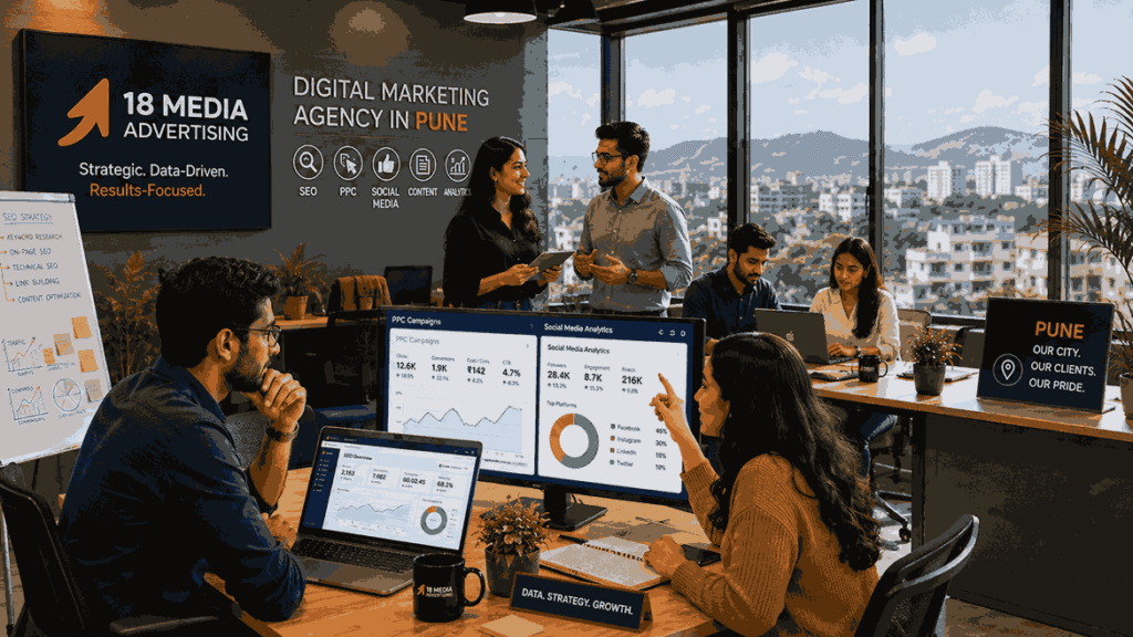 Digital Marketing Agency in Pune team collaborating in a modern office with SEO dashboards, social media analytics, and campaign performance screens.