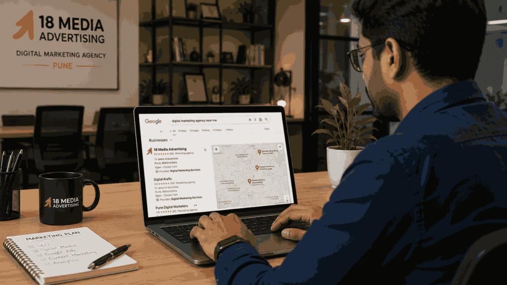 Business owner searching for a digital marketing agency near me on Google with map listings visible on laptop screen in a modern Pune office.