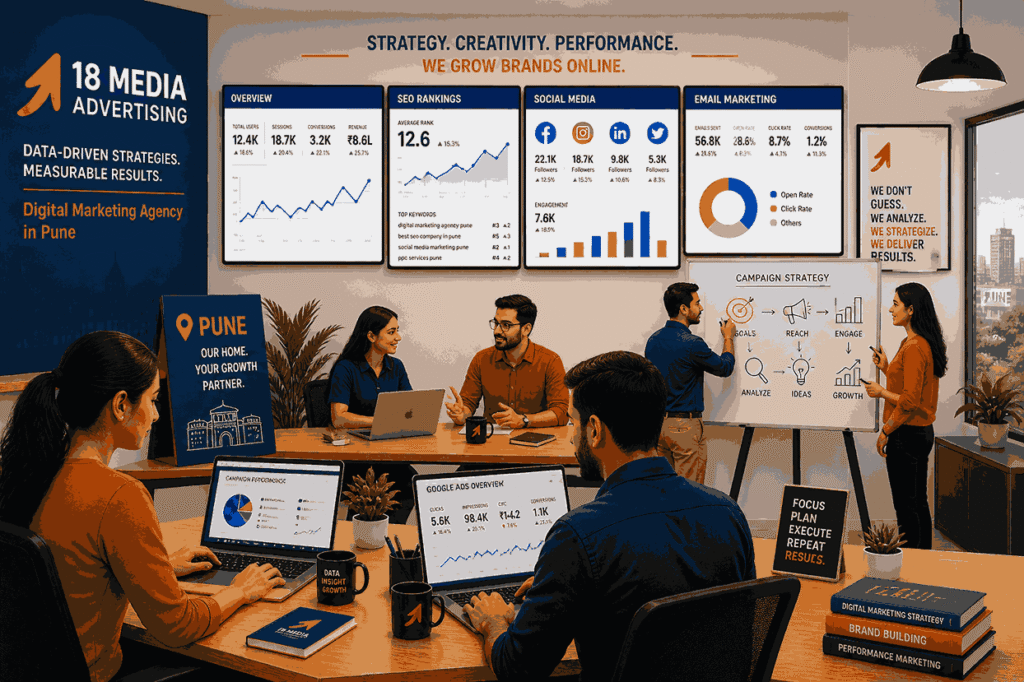 Modern digital marketing agency office in Pune with team working on SEO, social media, email marketing, and analytics dashboards