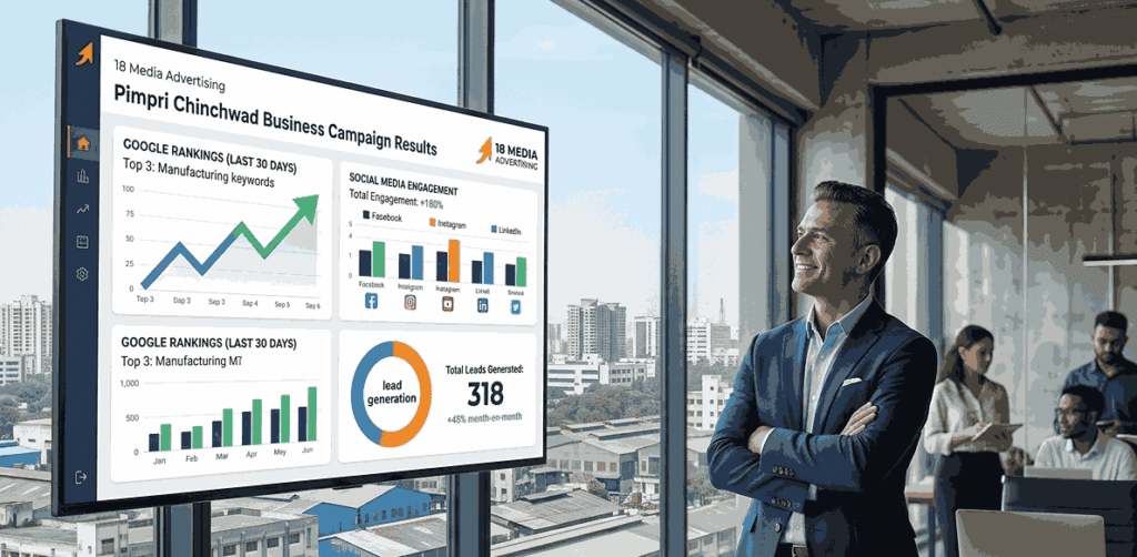 Digital marketing agency in Pimpri Chinchwad presenting ROI dashboard with rising Google rankings and lead generation metrics for a local business owner.