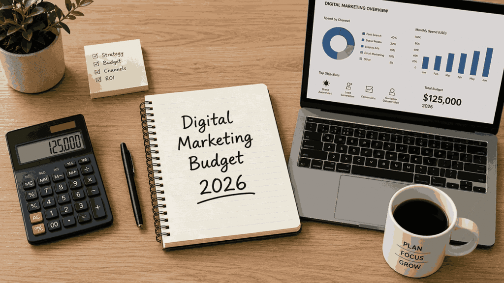 How to Budget for Digital Marketing Minimalist flat-lay workspace showing a digital marketing budget 2026 notebook, calculator, laptop with analytics graphs, and coffee cup on a wooden desk for strategic business planning.