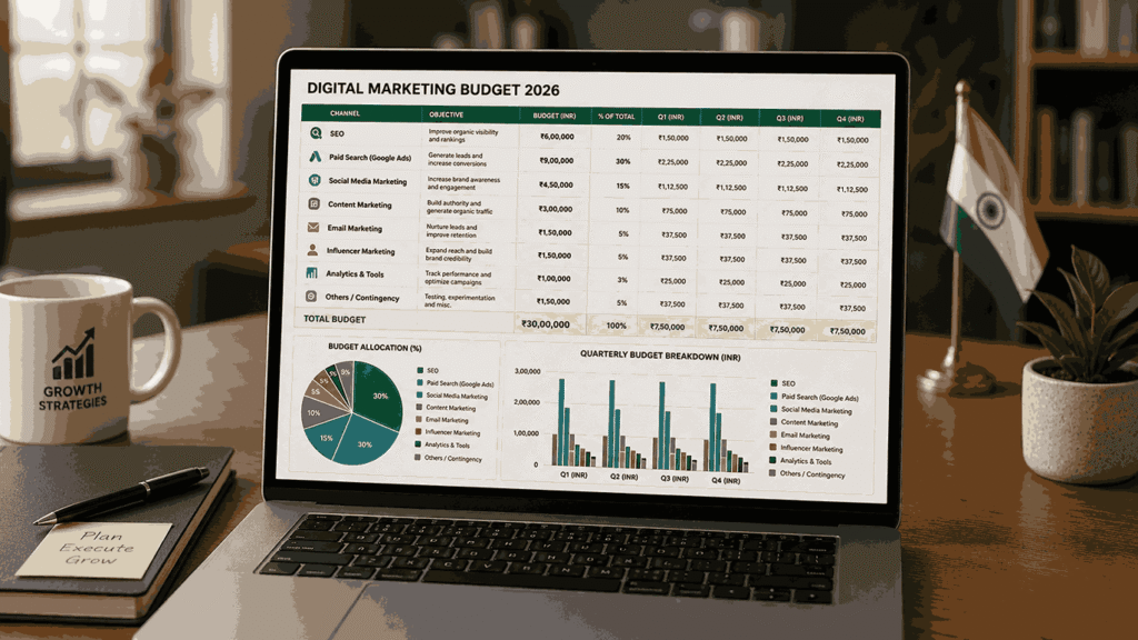 Laptop displaying a digital marketing budget spreadsheet with SEO, paid ads, social media, and content marketing allocations in a professional Indian office setting.