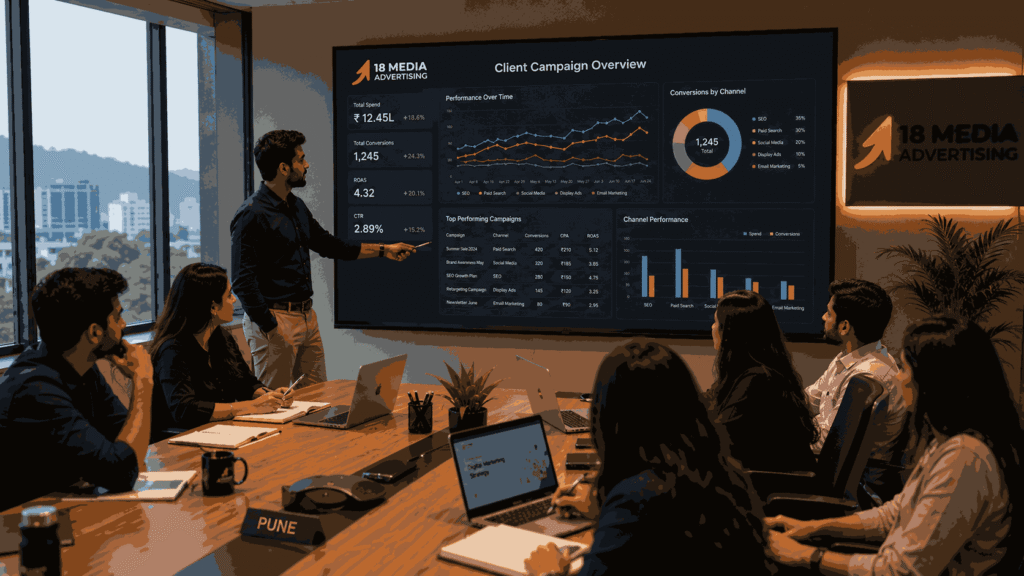 18 Media Advertising team reviewing digital marketing campaign performance dashboards in a modern Pune office conference room.