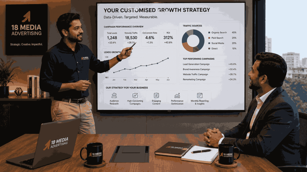 Digital Marketing Company in Pune consultant presenting customised growth strategy charts and campaign analytics to a business owner in a modern meeting room.