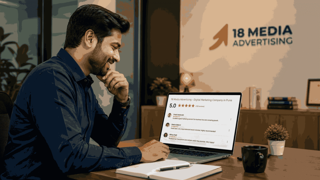 Business owner checking five-star customer feedback for a digital marketing company in Vishrantwadi Pune reviews on a laptop at the 18 Media Advertising office
