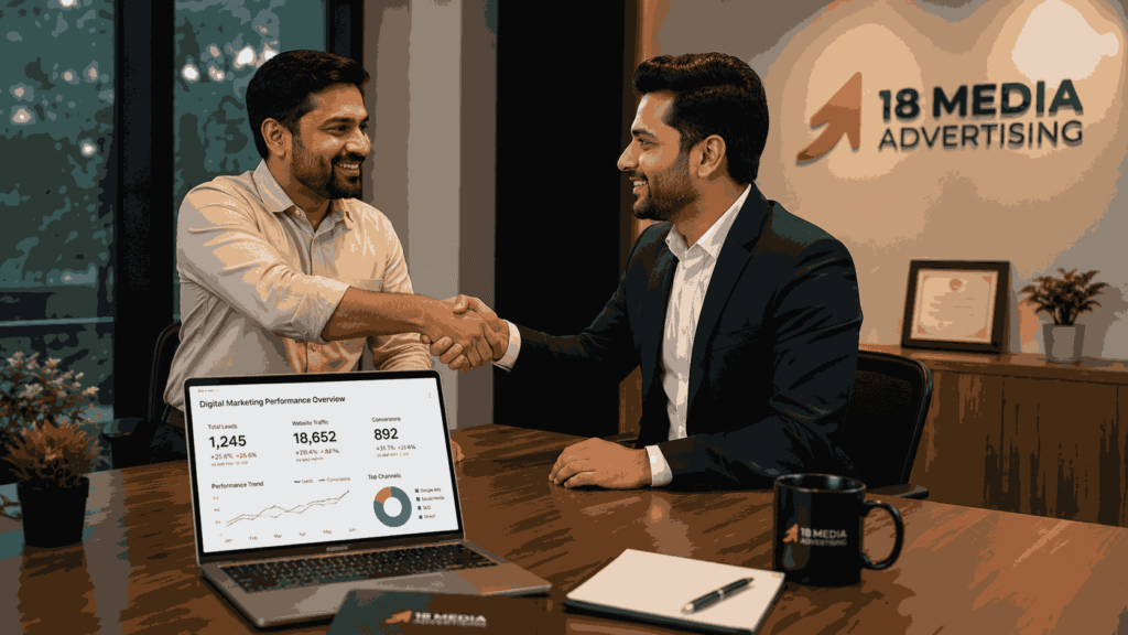 Indian business owner shaking hands with a digital marketing agency representative in a Pune office during a meeting about digital marketing company in Vishrantwadi Pune reviews