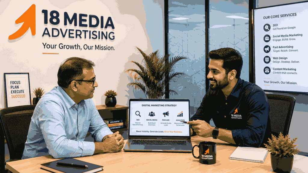 Digital marketing company Pune address featuring a business owner meeting with an 18 Media Advertising consultant to discuss SEO, paid ads, and digital growth strategies.