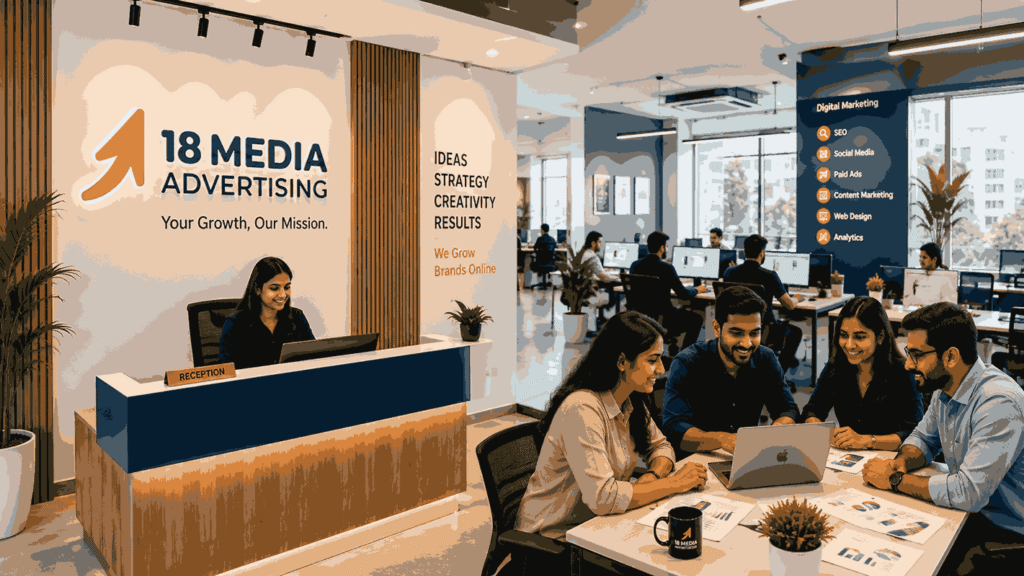 Digital marketing company Pune address featuring the modern 18 Media Advertising office with collaborative workspaces, branding, and marketing professionals working on campaigns.