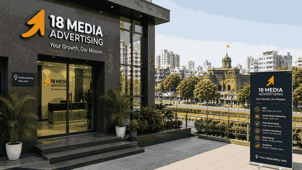 Digital marketing company Pune address showing the modern exterior office of 18 Media Advertising with professional branding and Pune city background.