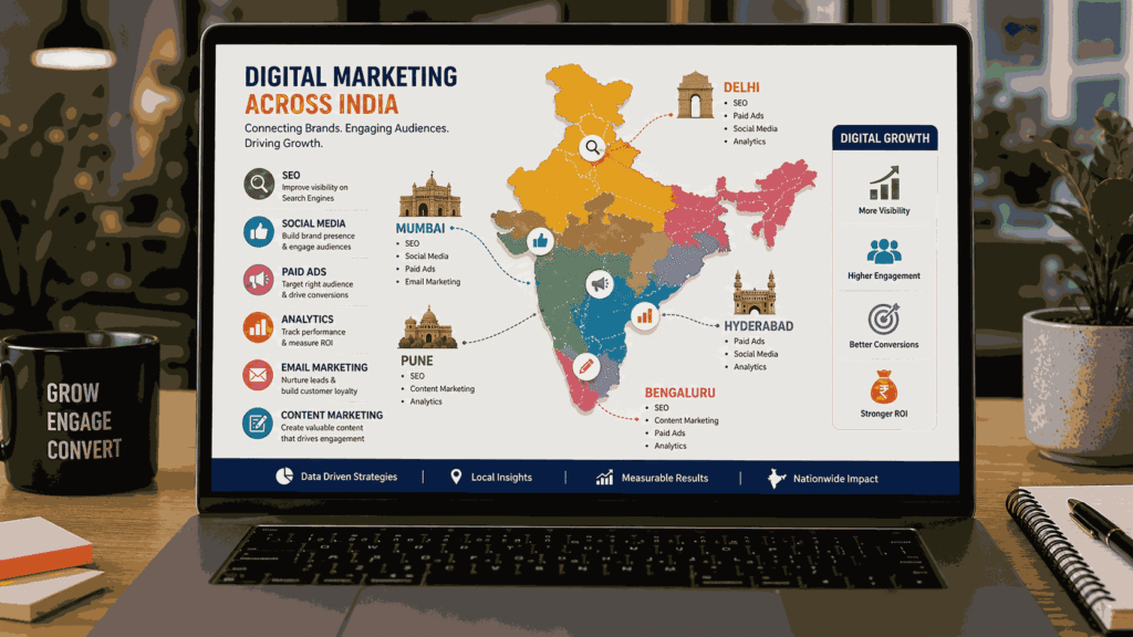 Laptop displaying a colorful India digital marketing infographic with SEO, social media, ads, and analytics icons across Pune, Mumbai, Delhi, Bengaluru, and Hyderabad.