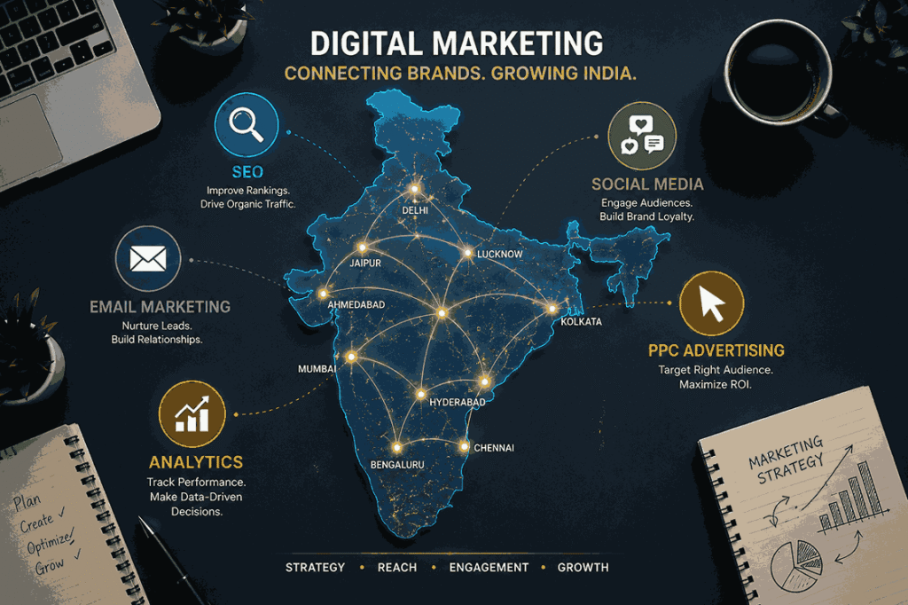 Flat-lay digital marketing infographic featuring an India map connected with glowing city networks and icons for SEO, PPC, social media, email marketing, and analytics.