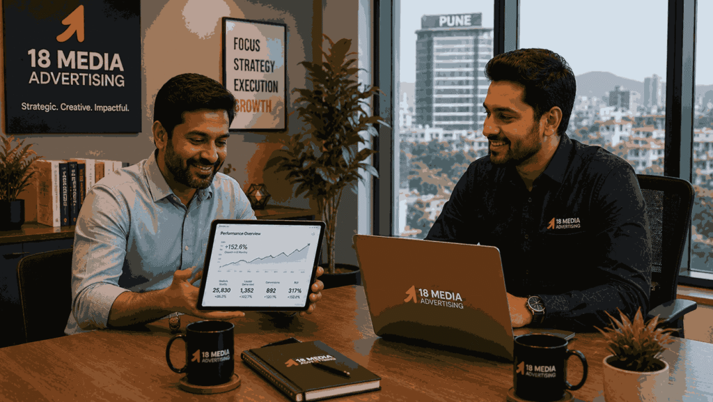 Digital marketing services client success meeting showing a business owner reviewing growth results with an 18 Media Advertising account manager in a modern Pune office.