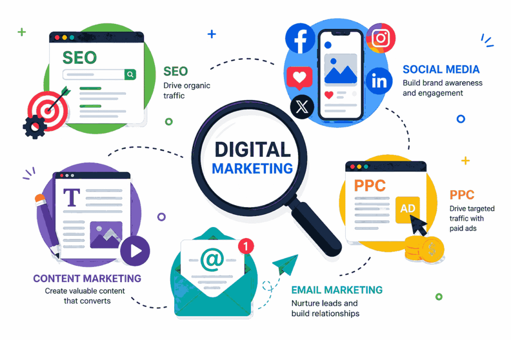 Colorful flat-lay digital marketing infographic featuring SEO, social media, PPC, content marketing, and email marketing icons arranged around a central magnifying glass on a white background.