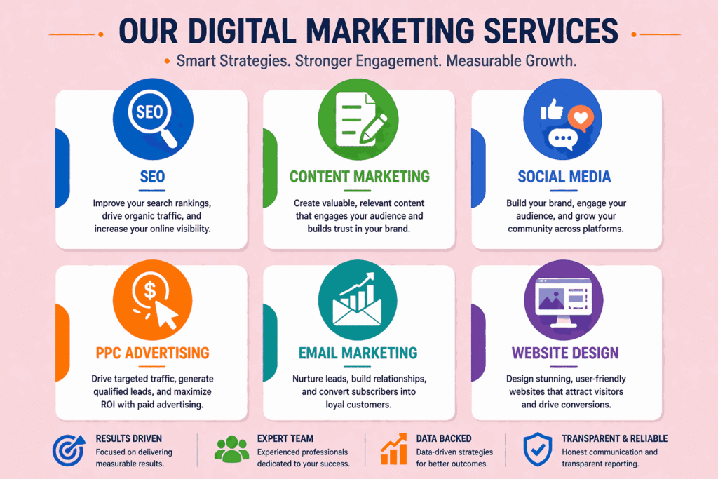 Digital marketing services grid showing SEO, content marketing, social media, PPC advertising, email marketing, and website design icons on pastel background