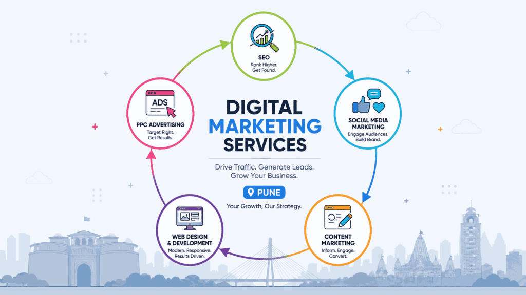 leading digital marketing agency pune services infographic with SEO, social media, PPC, content marketing, and web design icons connected in a circular flow over a Pune skyline background.