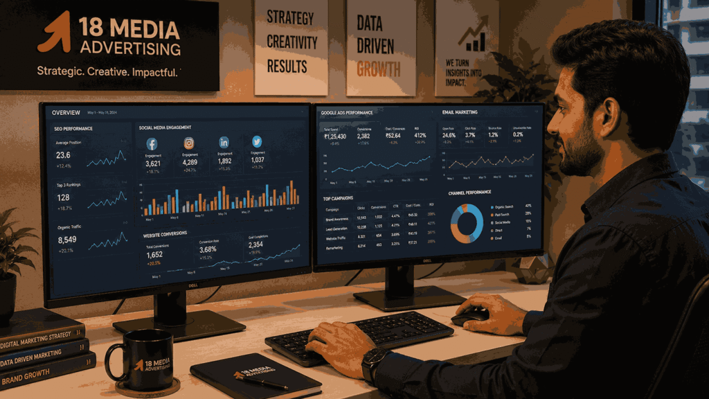Digital marketing services analyst reviewing SEO rankings, social media engagement, Google Ads ROI, email marketing performance, and website conversion dashboards on dual monitors.