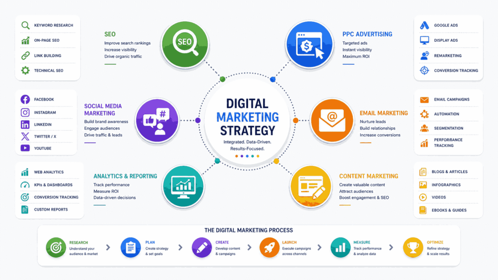 Flat lay digital marketing ecosystem illustration showing SEO, PPC, social media, email marketing, and analytics icons connected with dotted lines