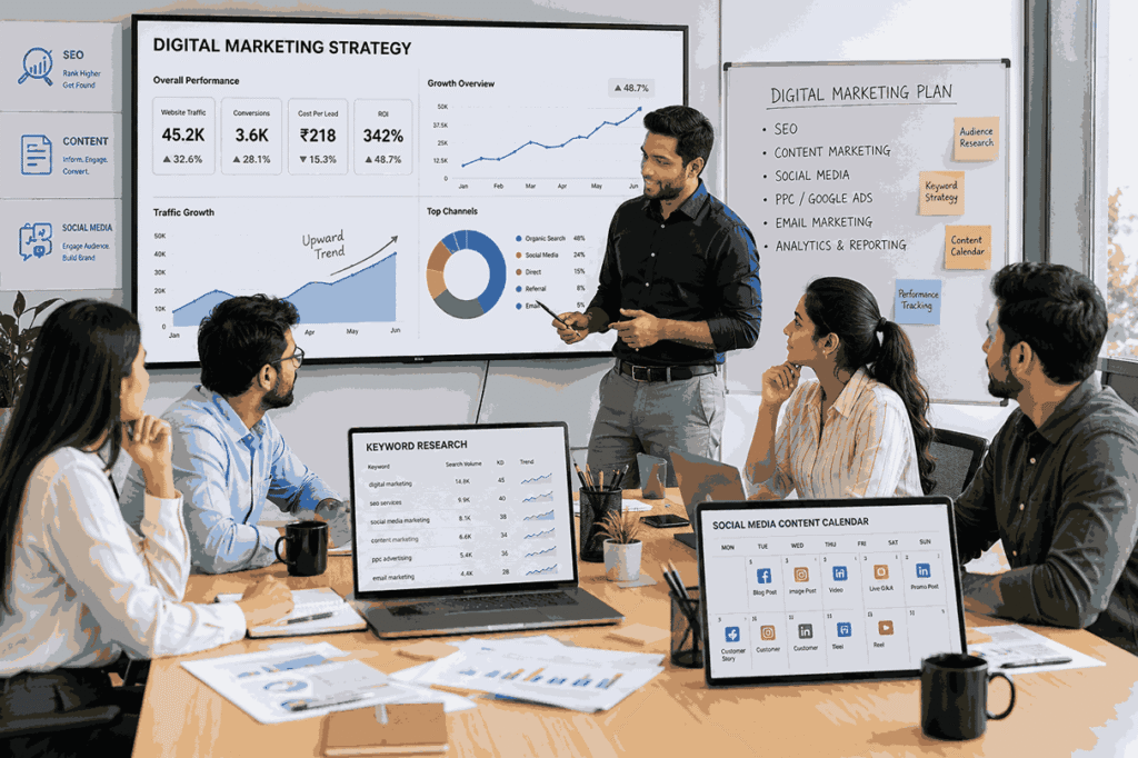 Professional digital marketing team discussing SEO strategy, keyword research, social media content calendars, and growth analytics in a modern corporate office.