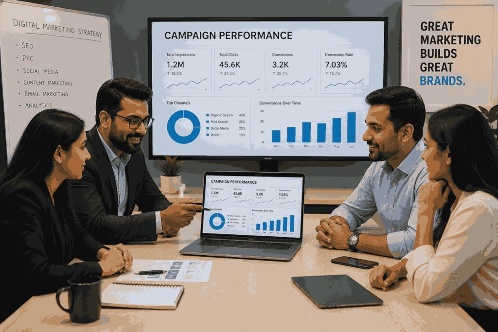 Professional digital marketing team meeting with business clients reviewing campaign performance analytics on a laptop in a modern Indian corporate office.