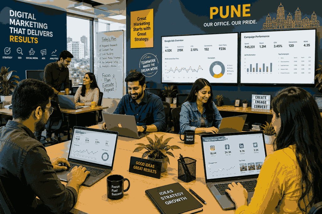 Digital marketing top digital marketing agency in pune team in a Pune office working on SEO analytics, social media dashboards, and online advertising campaigns on laptops and large screens.