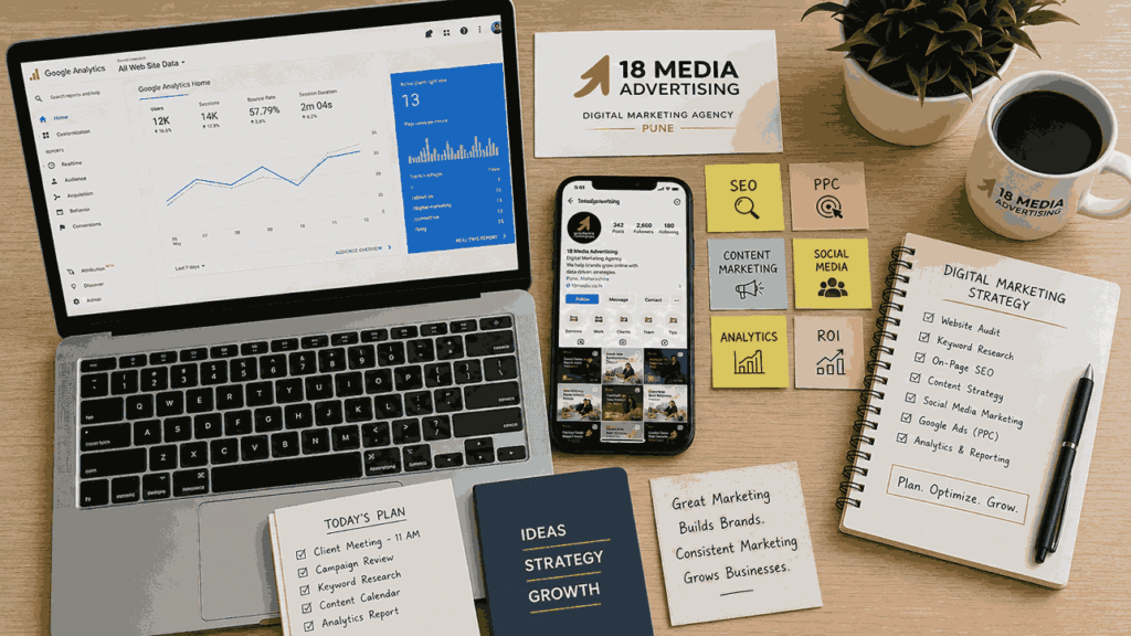 Flat-lay digital marketing workspace with Google Analytics dashboard, smartphone social media feed, SEO notes, PPC strategy sticky notes, and 18 Media Advertising branding.
