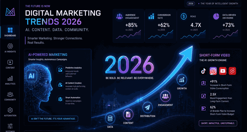 Futuristic digital marketing dashboard showing AI insights, data analytics, short-form video trends, and growth arrows on a dark interface