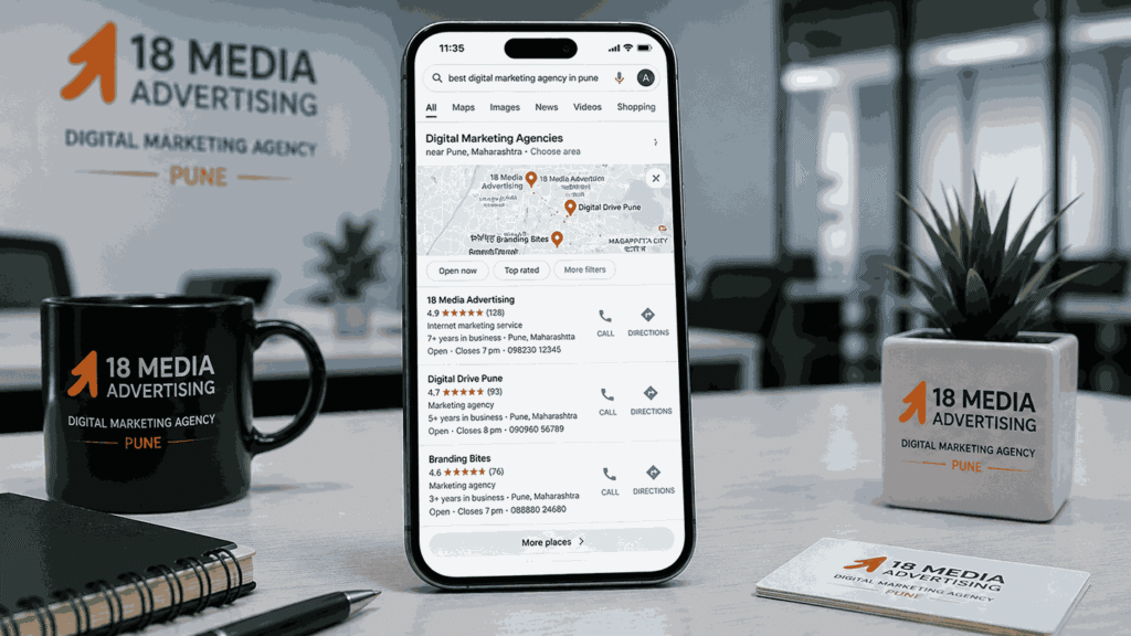 Smartphone displaying Google Maps local business listings with star ratings, reviews, and contact details for digital marketing agencies in Pune.