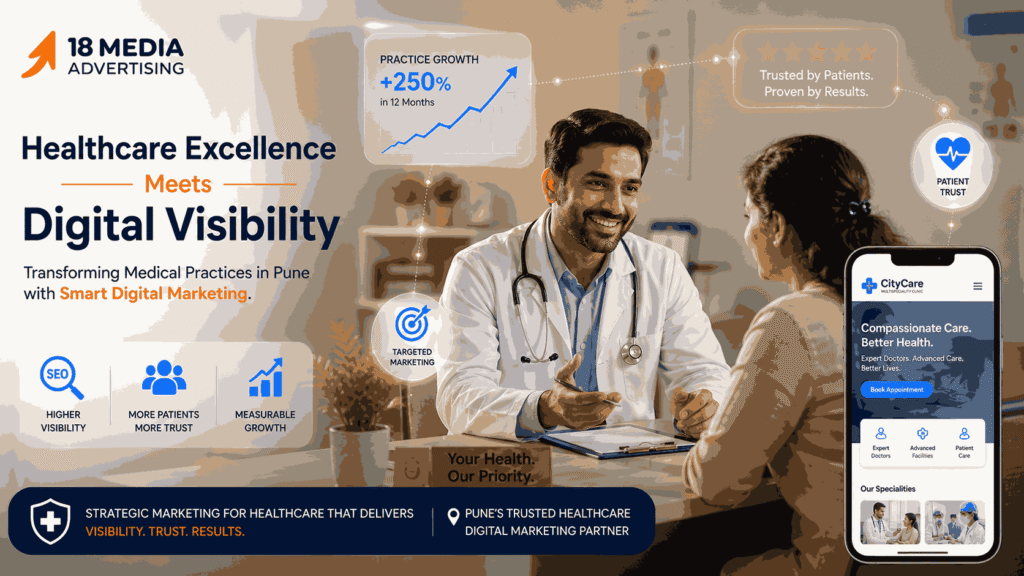 Doctor consulting with patient in a modern clinic with digital marketing icons, rising growth graph, online reviews, and healthcare website visuals representing digital healthcare marketing in Pune.