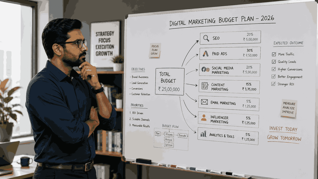 Indian business owner analysing a digital marketing budget strategy on a whiteboard with SEO, paid ads, social media, and content marketing allocations in a modern office.