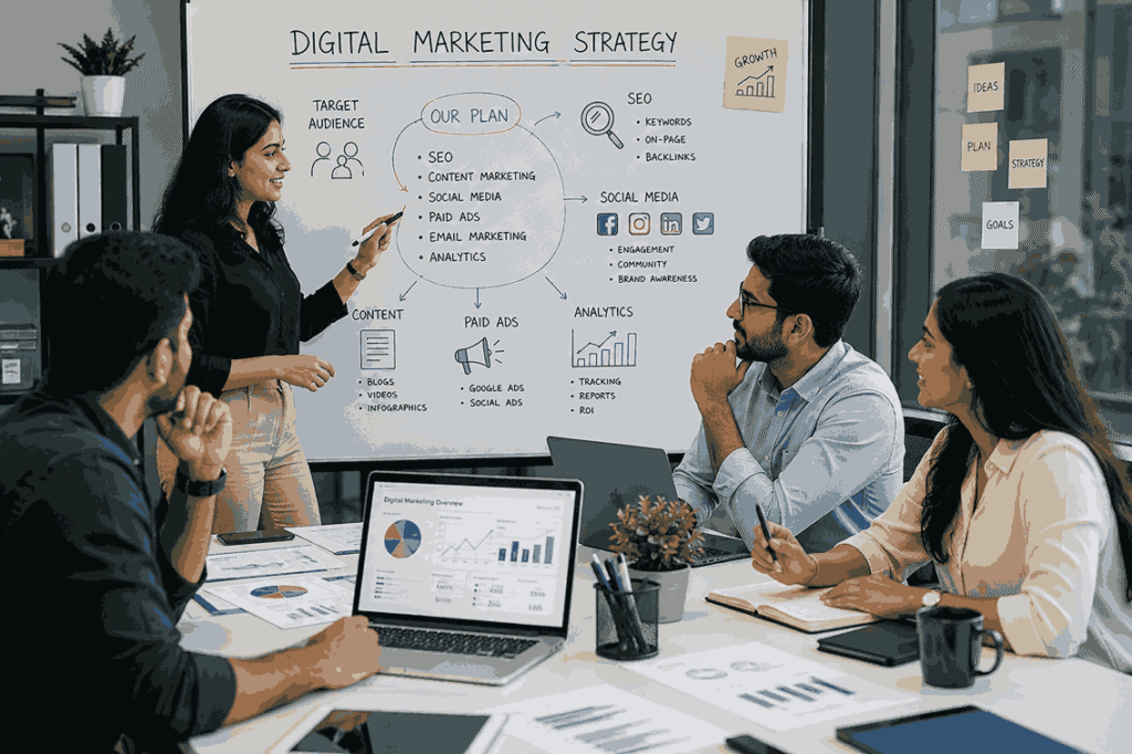 Digital Marketing agency near me - the team brainstorming digital marketing strategies in a modern office with a whiteboard, laptops, charts, and analytics reports.