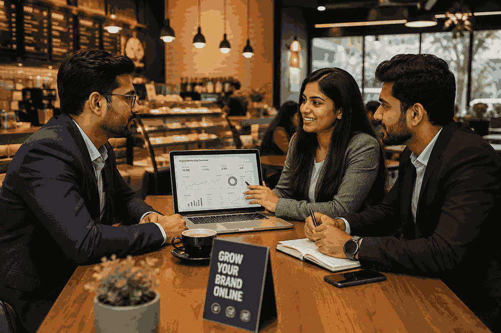 Indian entrepreneur discussing digital marketing strategy with agency professionals in a modern café using laptop analytics dashboard.