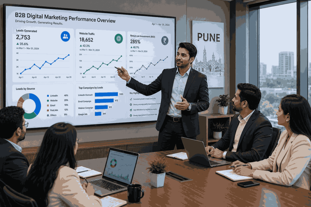 Professional Indian marketing strategist presenting colourful business growth charts and ROI analytics to corporate stakeholders in a modern Pune boardroom.