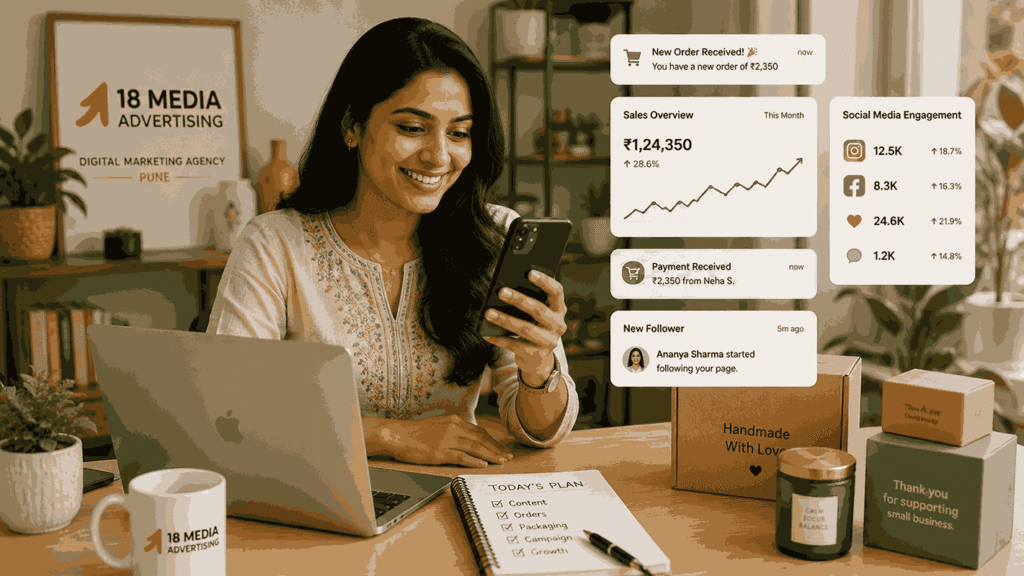 Indian woman entrepreneur smiling at phone with rising sales notifications and social media engagement in a home office setup by 18 Media Advertising.