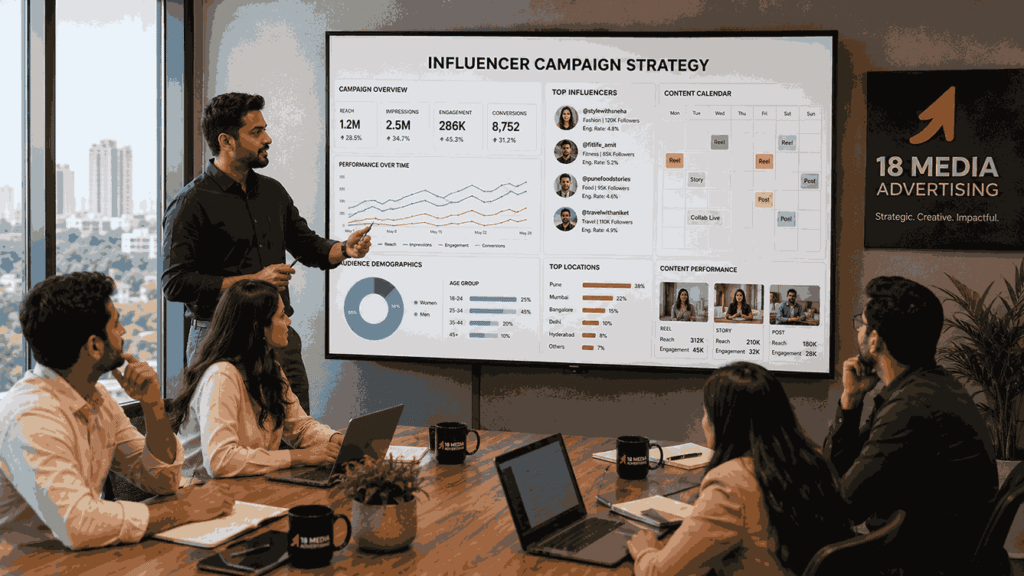 Instagram Influencer marketing Agency in pune team reviewing influencer analytics, Instagram campaign dashboards, content calendars, and creator profiles in a modern office meeting.