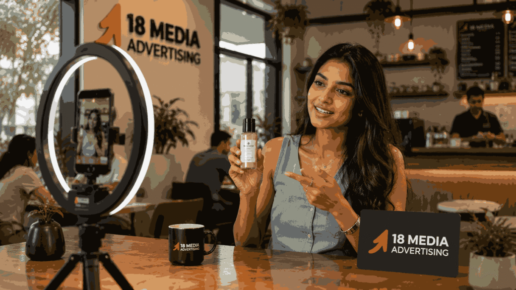 Instagram Influencer marketing Agency in pune helping a lifestyle influencer create Instagram Reels content for a local brand in a modern café setup.