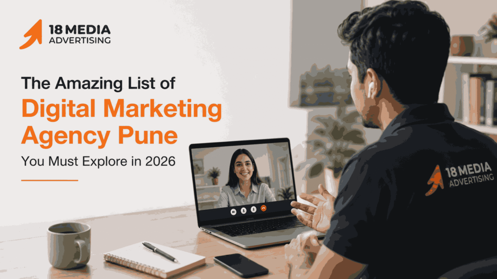List of digital marketing agency Pune professionals discussing online marketing strategies with a client through a laptop video call at 18 Media Advertising