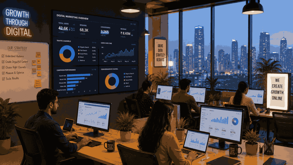 Modern top digital marketing agency in pune office with teams working on computers, analytics dashboards on large screens, and a vibrant city skyline visible through glass windows.